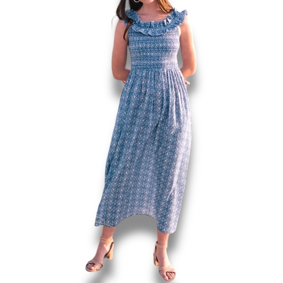 Gal Meets Glam Collection Blue Floral Print Ruffle Neck Sleeveless Maxi Dress 6 - Picture 11 of 11